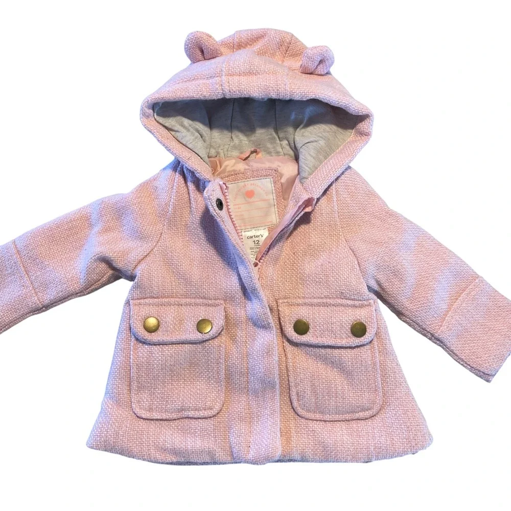 Baby Girls Carter's Pink Tweed Hooded Coat Jacket 12 Months Bear Ears